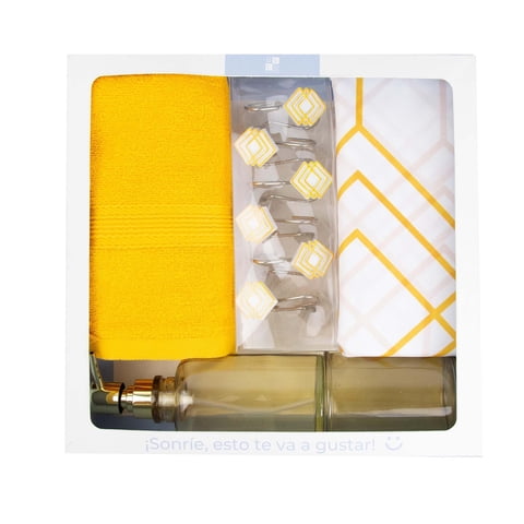 Decoexpress - Set De Baño Ámbar - (Cortina, Ganchos, Toalla Y Vaso/Dispensador)