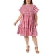 thumbnail image 1 of Vestido de mujer de talla grande Agnes Orinda con cuadros vichy, cuello redondo, mangas con volantes, estilo babydoll escalonado, casual de verano, midi con bolsillo, 4X rojo, 1 of 6