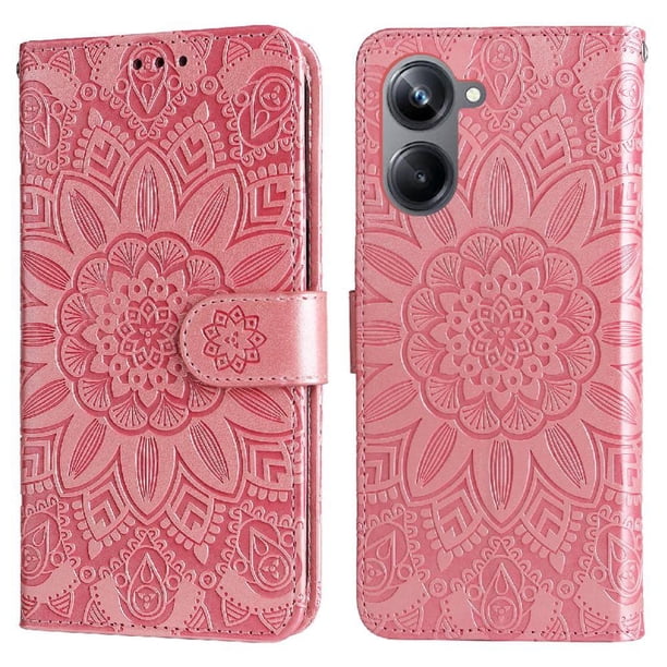 Funda tipo cartera FOXDOCK para Realme 10 Pro 5G , diseño girasol en relieve, cuero PU, cierre magnético, soporte y tarjetero