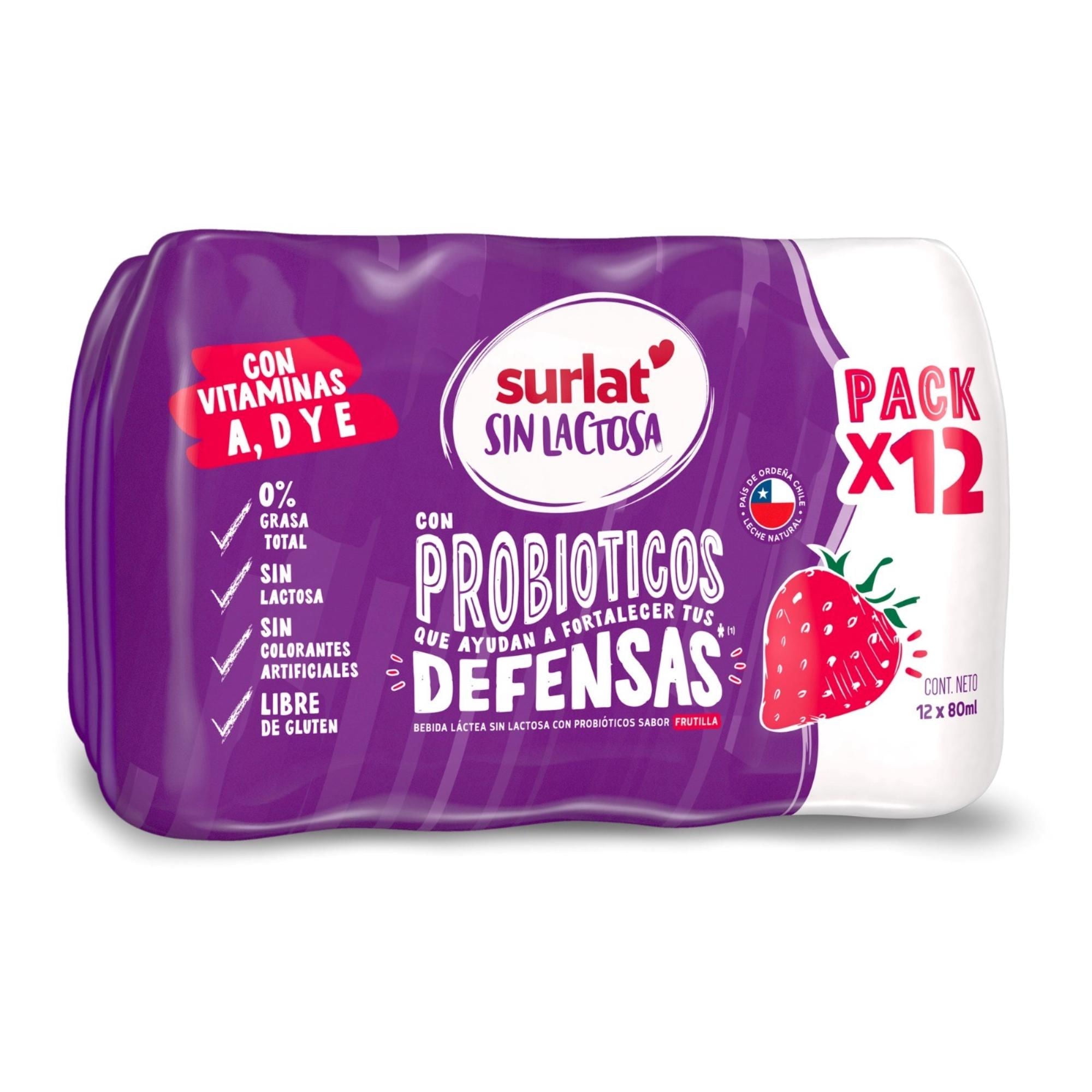 Probiótico Frutilla Sin Lactosa Pack 12 Un 960 ml Surlat