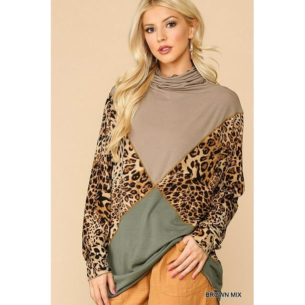 Top de Cuello Alto de Punto Mixto con Estampado Animal y Liso con Mangas Largas