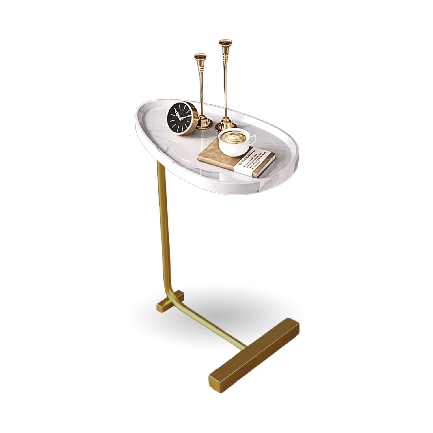 Santú Home & Deco - Mesa Lateral Con Pedestal Blanco Dorado Estilo Mármol