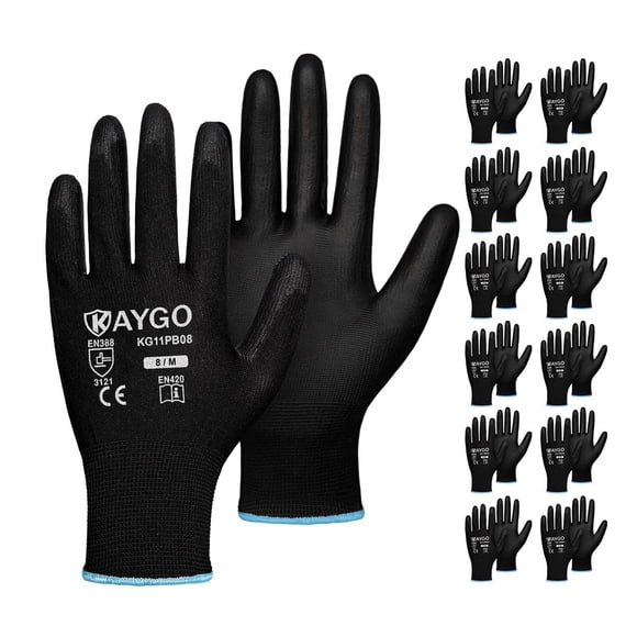 Guantes de trabajo de seguridad KAYGO KG11PB con revestimiento de poliuretano, 12 pares, para hombre y mujer