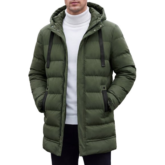INSPIRE CHIC Abrigo de Invierno para Hombre Acolchado Pesado con Capucha y Cordón hasta la Rodilla S Verde Oliva