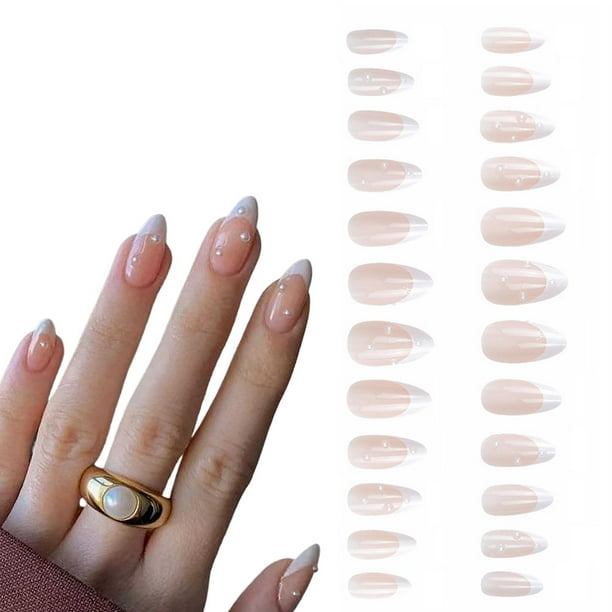 Juego completo de uñas postizas francesas. Lindas uñas postizas de perlas prensadas para mujeres y niñas. 24 piezas.