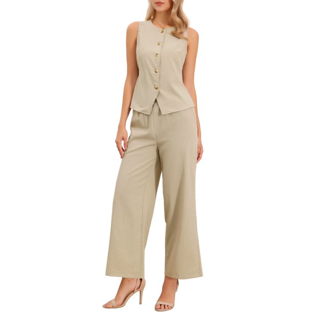INSPIRE CHIC Conjuntos de dos piezas para mujeres, chaleco de lino, conjuntos casuales elegantes, trajes de pantalones de pierna ancha XS Caqui