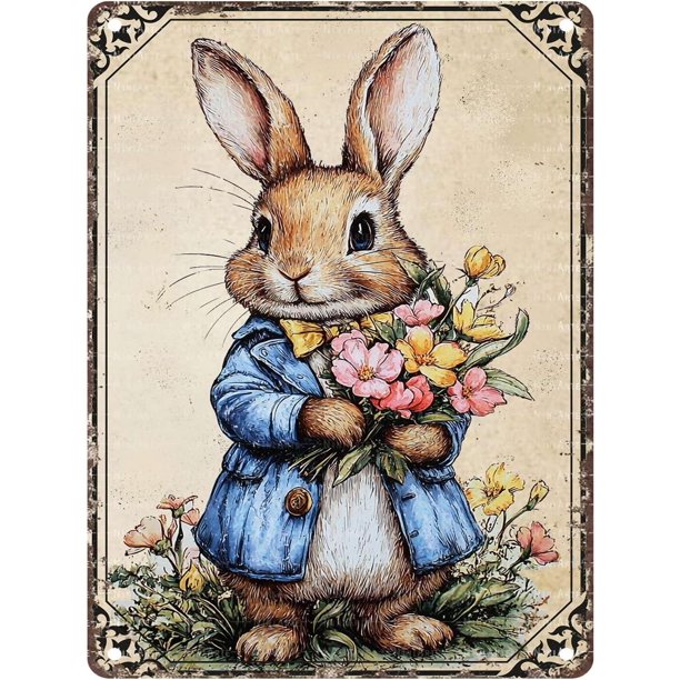 Letrero estaño conejo Pascua retro conejo vintage metal hogar jardín sala decoración pared Pascua 20x30cm
