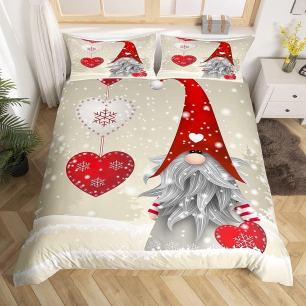 Xmas Bedding Sets Scandinavian Christmas Santa Gnomes Comforter Cover Snowing Santa Claus Bedding Sets for Kids Boys Girls Romantic Candlelight Quilt Cover 3 Pieces Queen Size