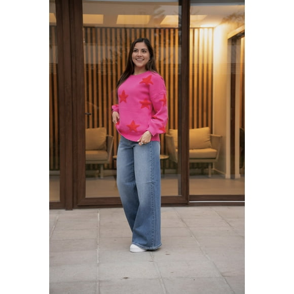sweater polerón fucsia con estrellas rojas - MM SHOP