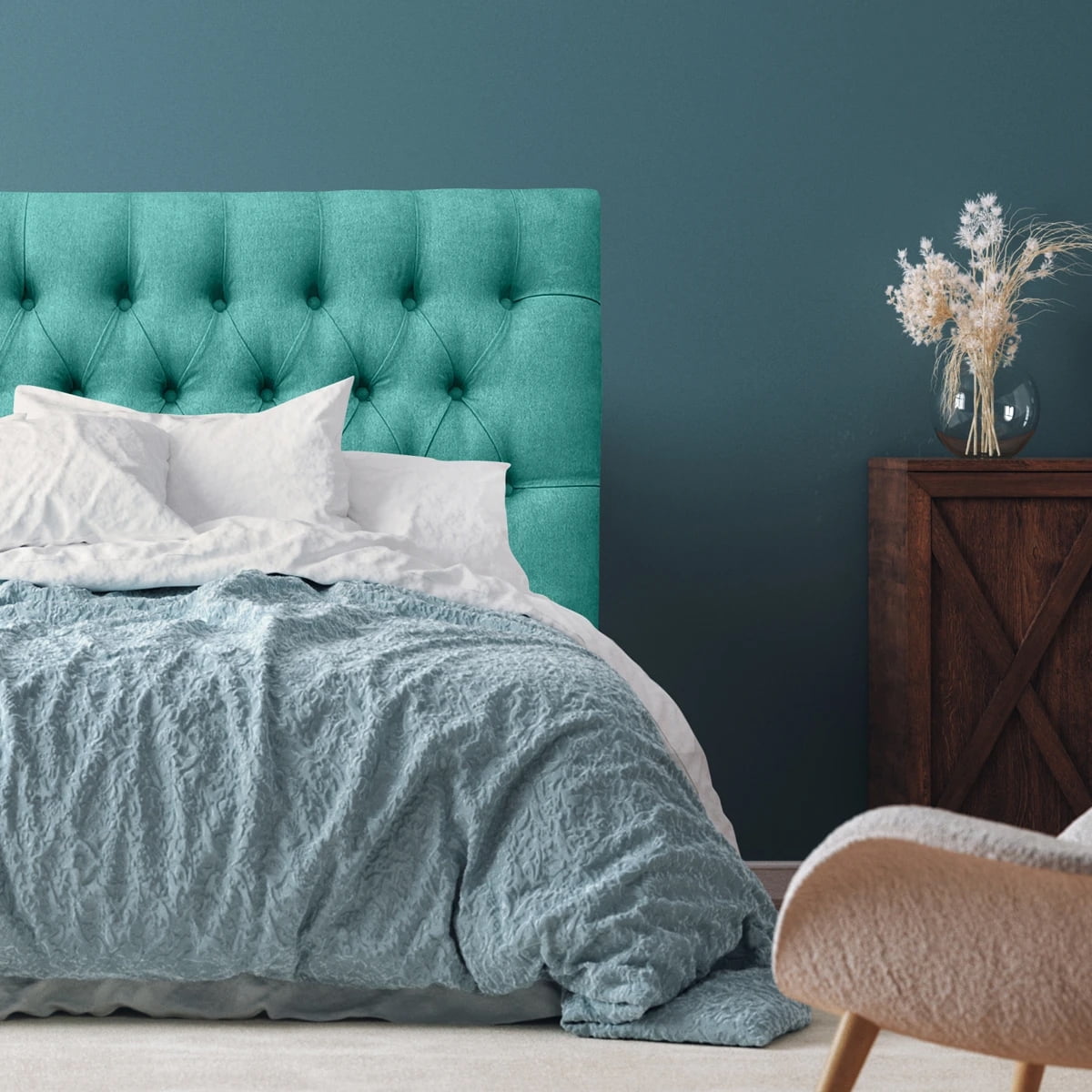 Espacio Hogar - Respaldo De Cama Capitone Premium 1,5 Plazas Lino Turquesa