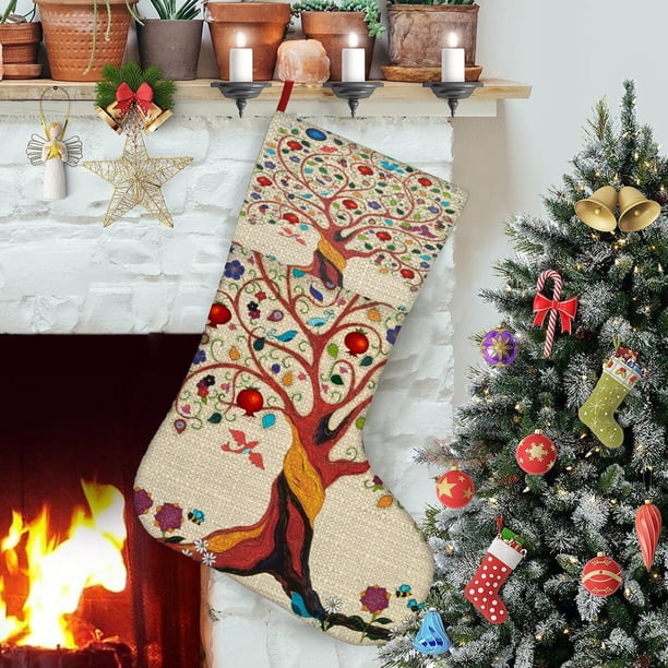 Life Tree Tema: Calcetines de Navidad, fino lino blanco para colgar en escaleras y chimenea, decoración navideña para el hogar, regalo de Navidad. 45cm × 32cm