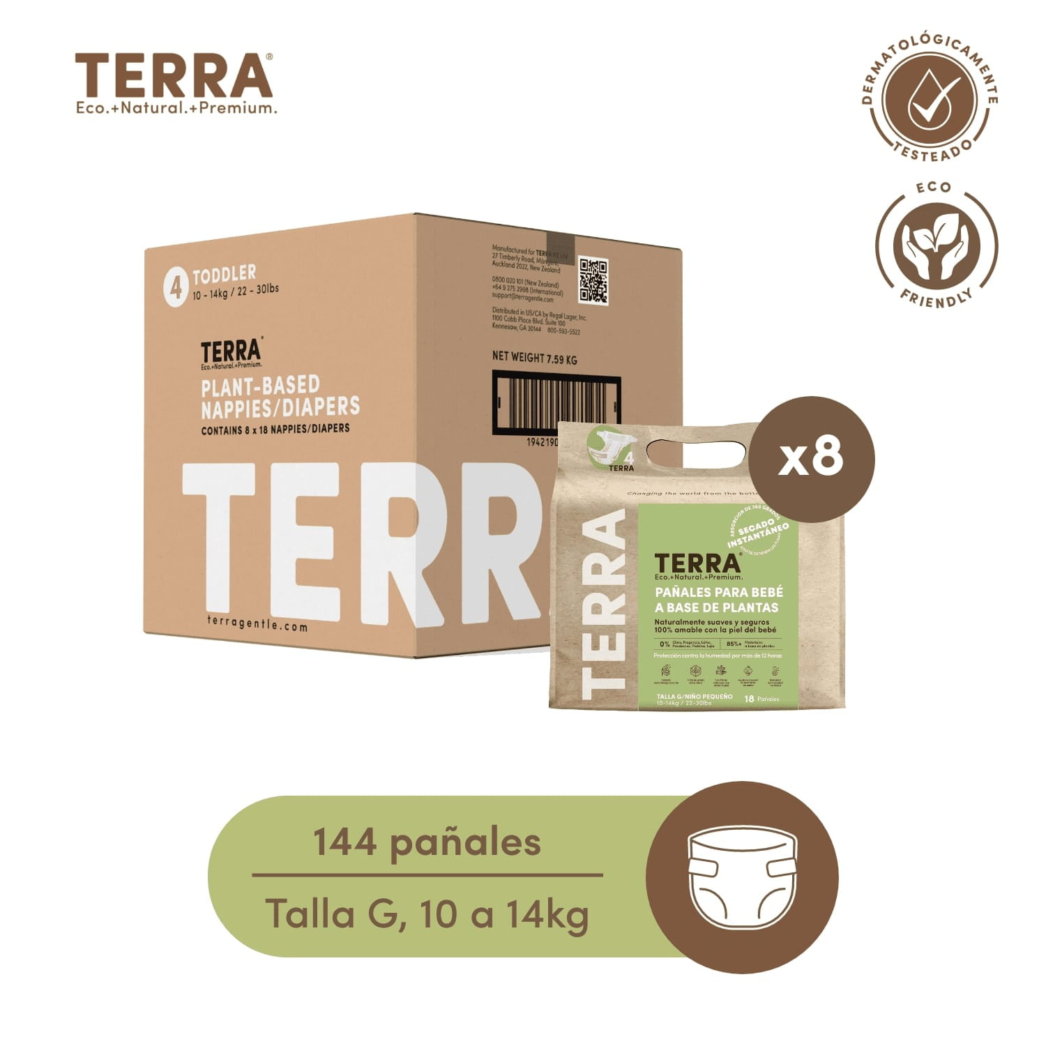 Pañales Biodegradables Terra Caja 8 Paquetes Talla G 144 Uns