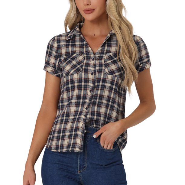 INSPIRE CHIC Camisas de Cuadros para Mujer Cuello en Punta Abotonado Blusas de Regreso a Clases Blanco Azul Oscuro M