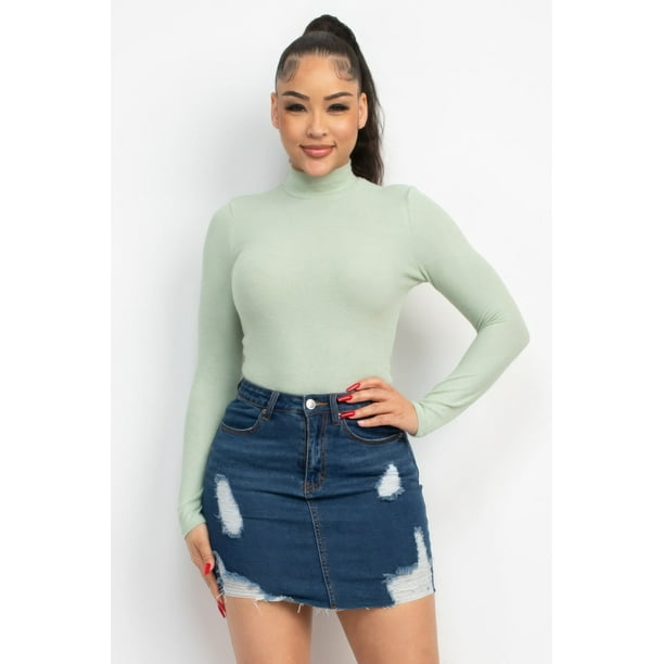 Saronite Blusa Básica de Manga Larga con Cuello Alto de Rayón, Verde Menta (para Mujer)