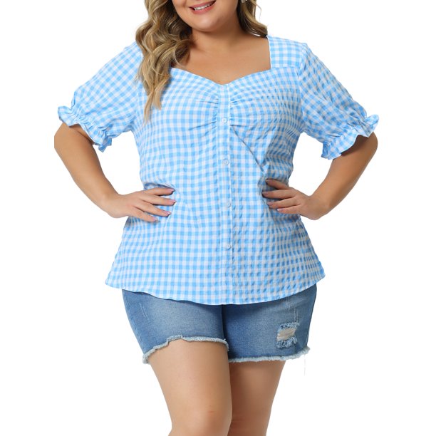 Agnes Orinda Blusas de verano de los años 50 para mujer de talla grande con estampado de cuadros de colegio, escote corazón, manga corta abullonada y botones decorativos, talla 4X, azul