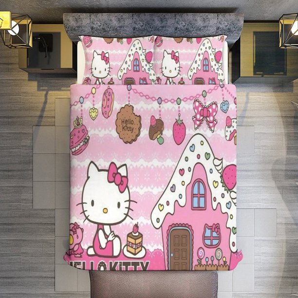 Hello Kitty Dessert House Bedding Set for Girls Kids Teen Tween Ultra Soft Microfiber Comforter Set Twin Size with 3-Pieces Comforters Bed Sets Bedroom Decor Bed Sheets