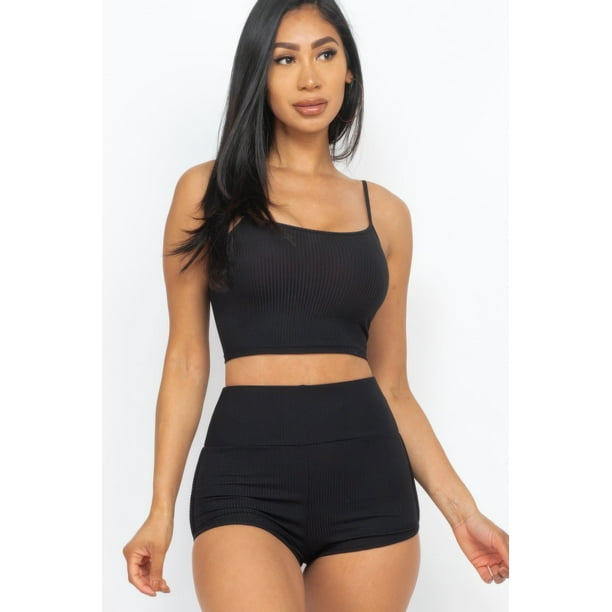 Conjunto De Top Corto De Tirantes Acanalado Y Shorts Fruncidos