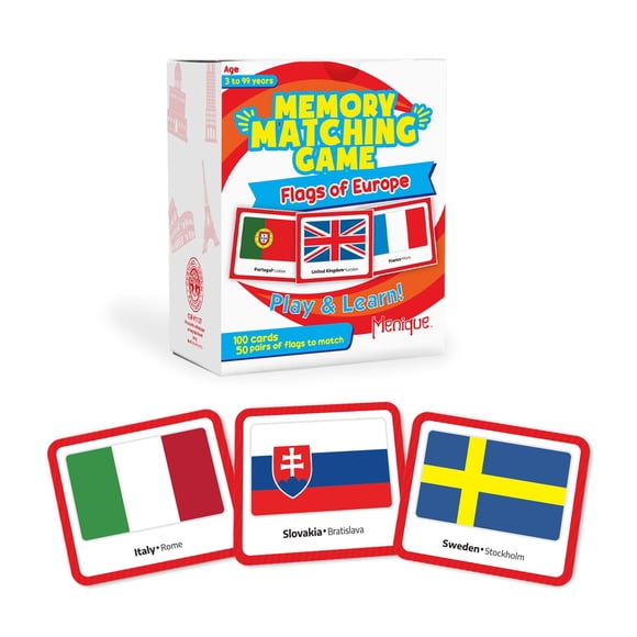 Juego de combinación de recuerdos Menique Flags of Europe, 100 cartas