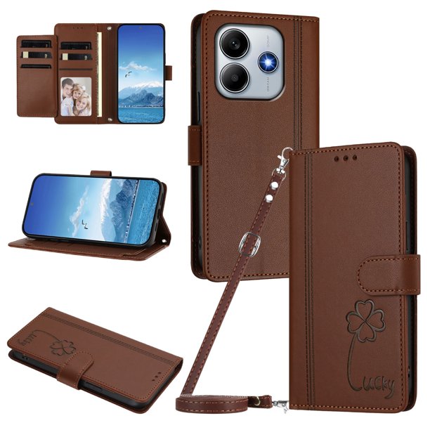 Funda Cartera Trébol para Xiaomi Redmi Note 14 4G con Ranuras Tarjetas y Carga Inalámbrica Marrón