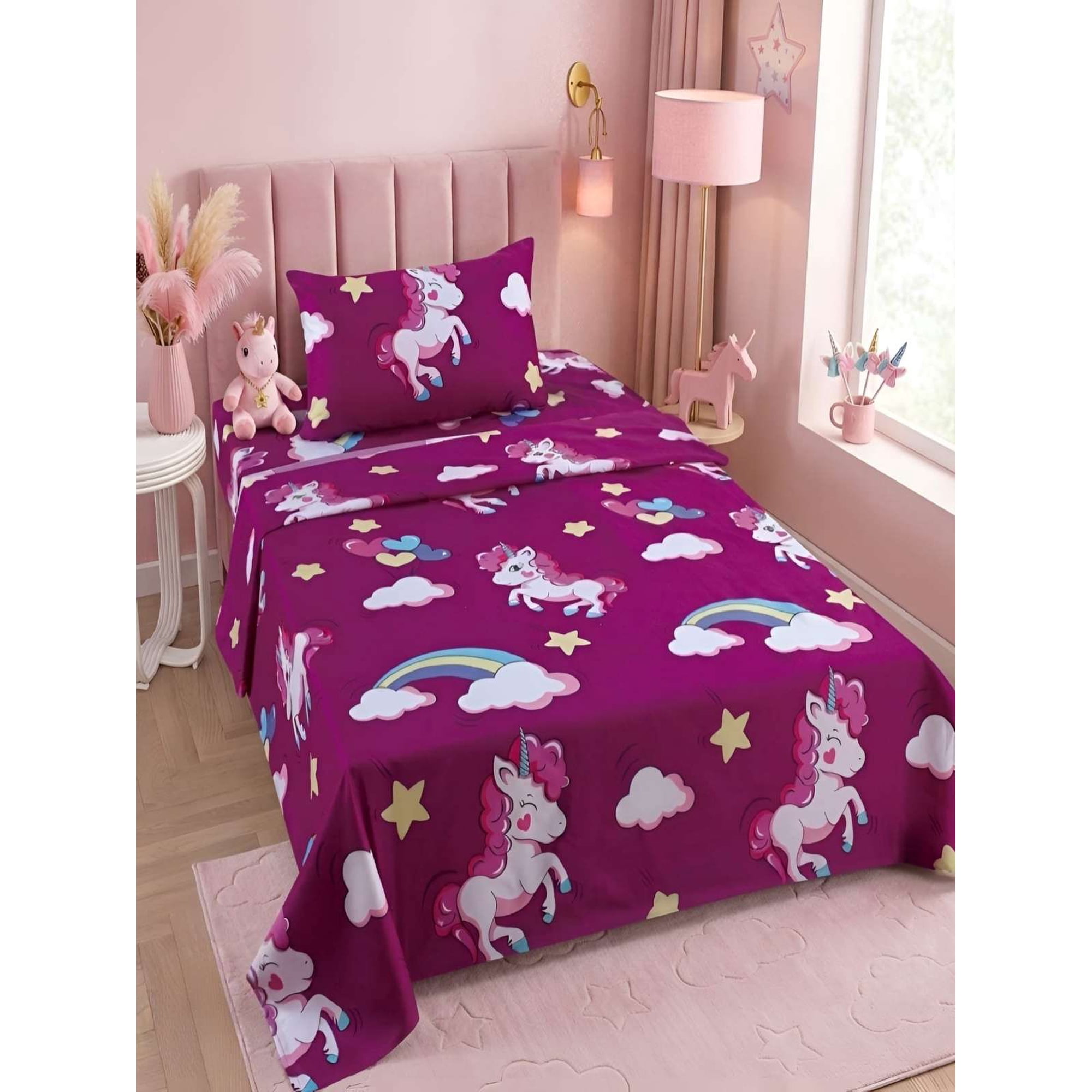 Todo Para El Hogar - Sábanas Infantiles 1 Plaza Diseño Unicornio Morado Ultra Suave
