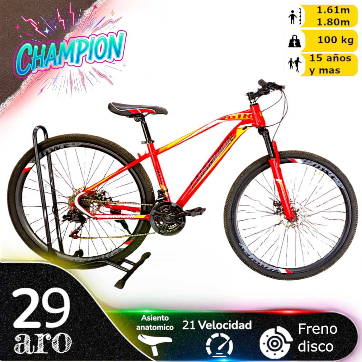 Vipnetwork - Bicicleta Aro 29 Champion 21 Veloc Y Freno Disco Rojo