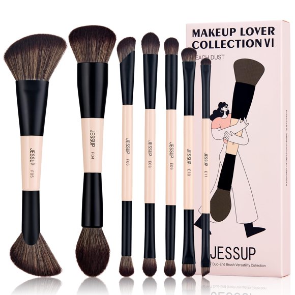 Juego de brochas de maquillaje Jessup T600, 7 piezas, doble cara, color melocotón