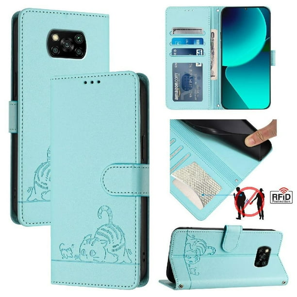 Funda tipo cartera FOXDOCK para Xiaomi POCO X3 NFC con soporte, ranuras, RFID, diseño de gato