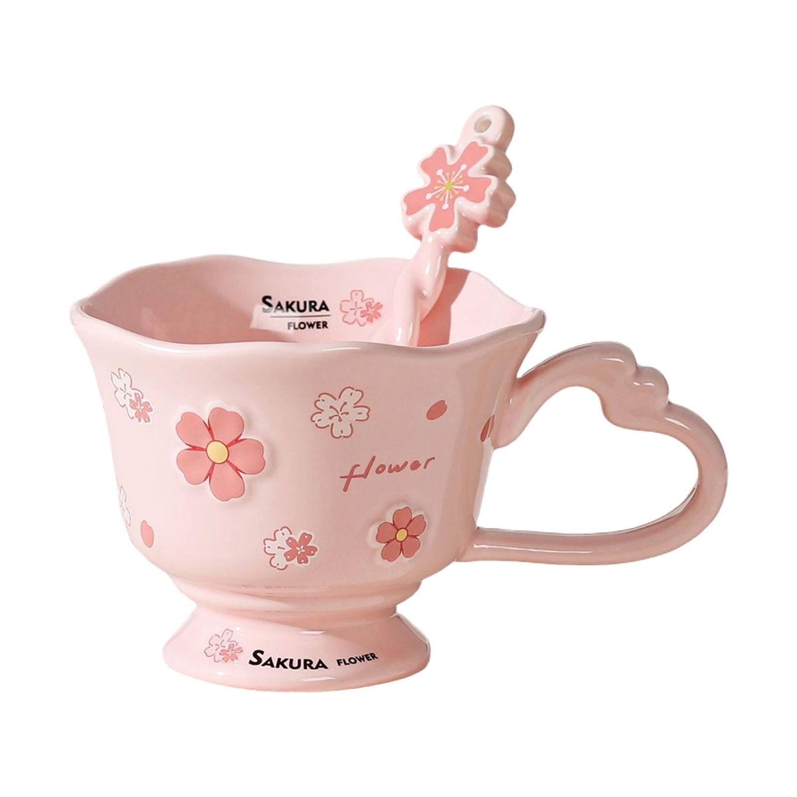 Magideal - 2 Piezas Taza De Café Taza De Cacao Taza De Flores Vaso De Cerámica Con Cuchara De Cerámica Robusta Y Diseño Floral Adecuado Para Regalos De Cumpleañ Rosa