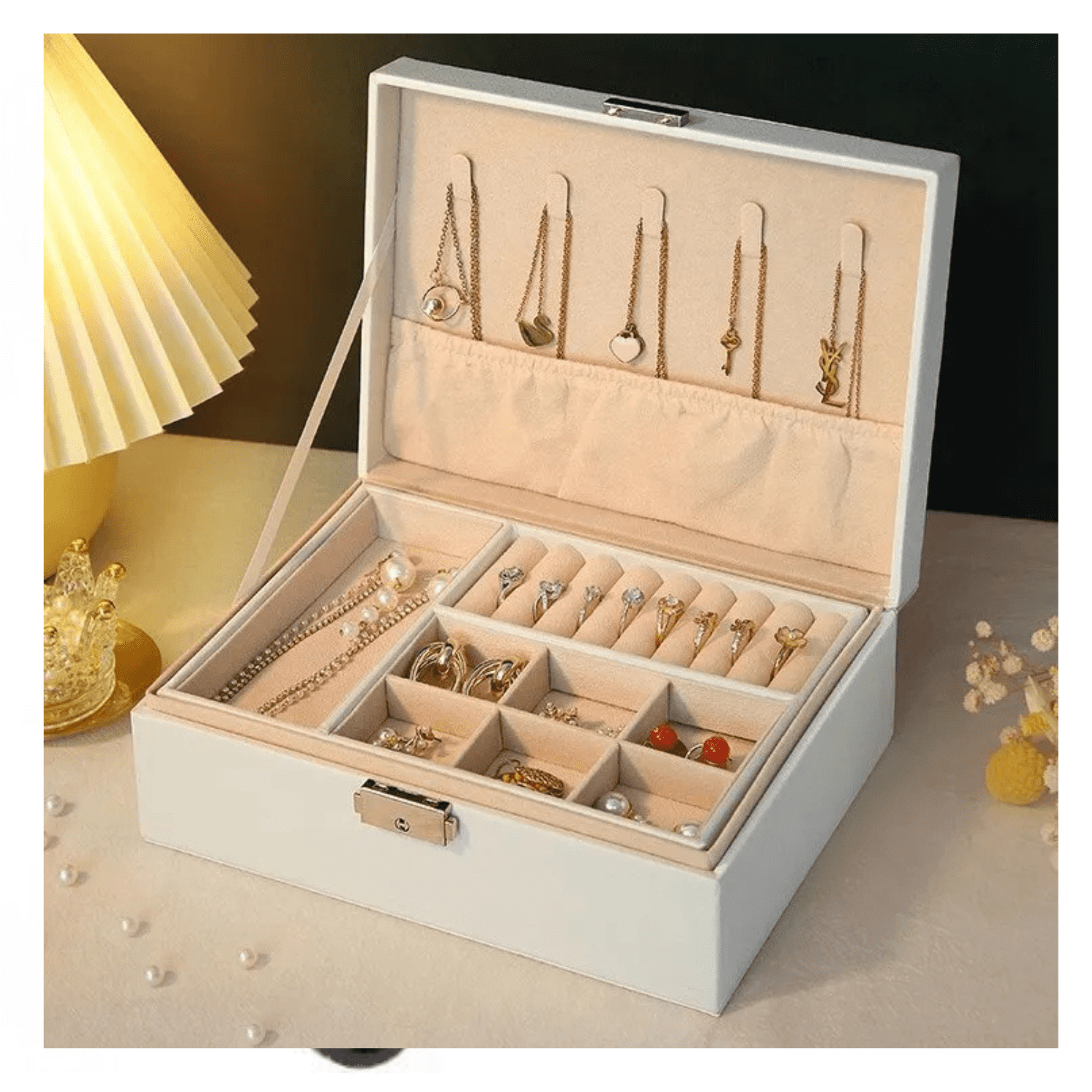 Genérico - Joyero Organizador De Joyas Caja Con Divisiones Tipo Maleta Beige