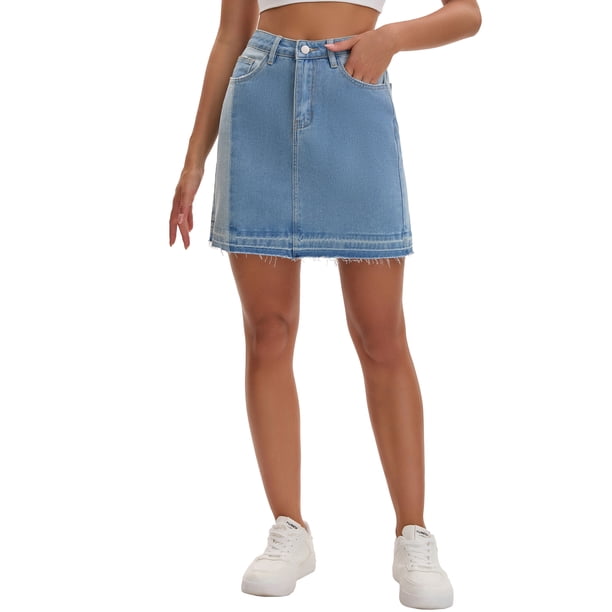 INSPIRE CHIC Falda Mini de Mezclilla para Mujer con Parches de Bloques de Color de Cintura Alta en Línea A Falda Corta de Jean 2XL Azul
