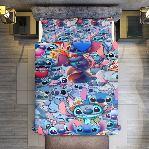 3 Pieces Anime Stitch Bedding Comforter Set Full with 2 Pillowcases for Kids Teens Girls Women Microfiber Easy Wash Light Breathable Cozy White Base Bed Sheets