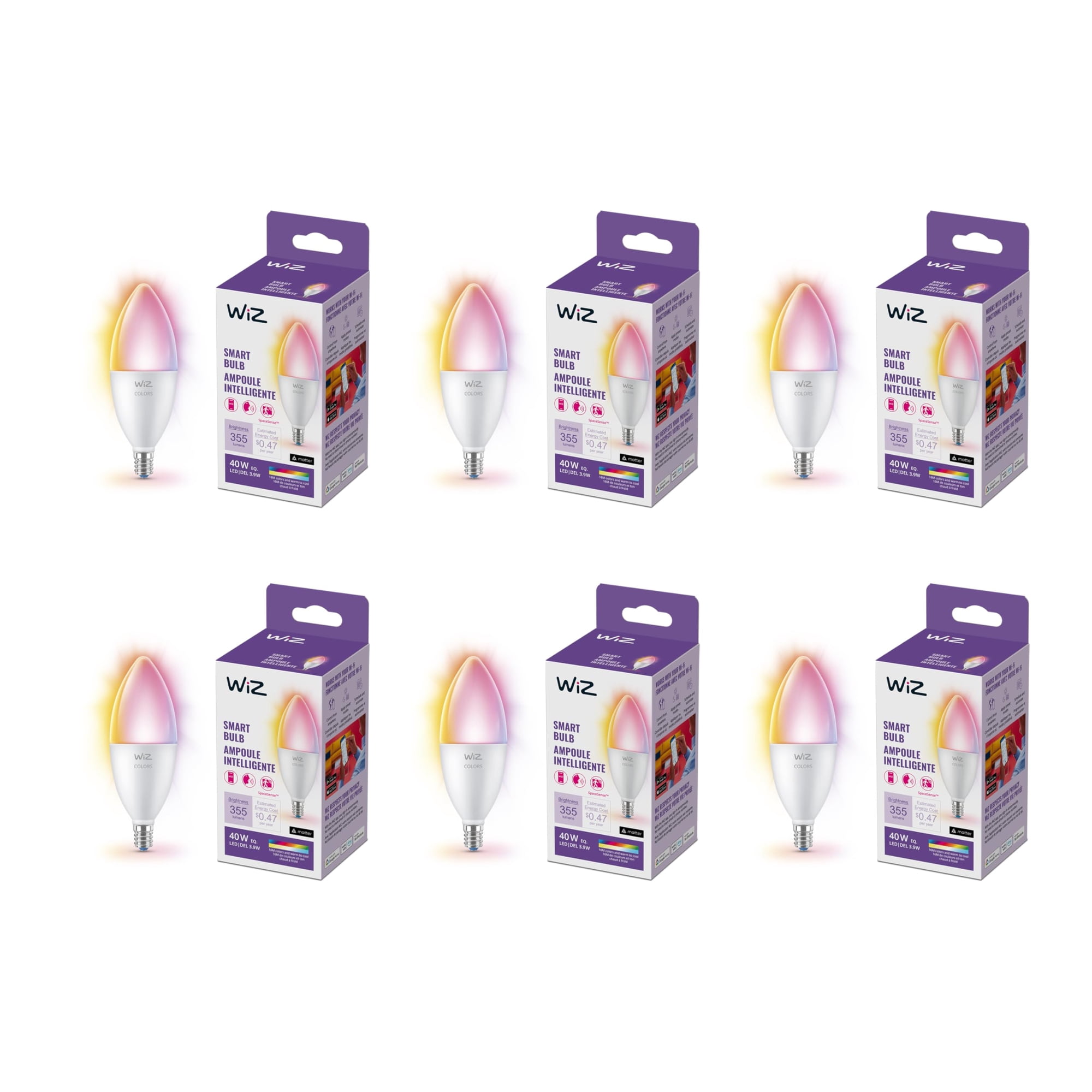 Smart Bulb Wiz, 40 W, B12, Luz Led E12, Paquete De 6