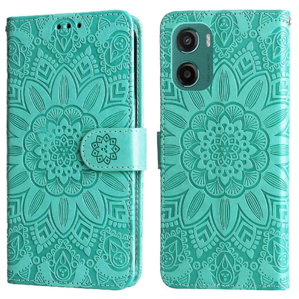 Funda tipo cartera FOXDOCK para Motorola Moto G05 , diseño girasol en relieve, cuero PU, cierre magnético, soporte y tarjetero