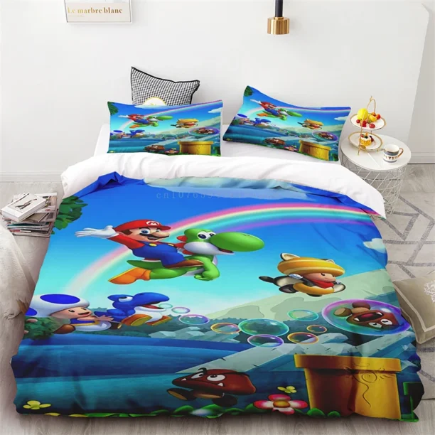Duvet Cover Cartoon Mario Cute Single Double Size Children Adult Bedroom Decoration Gift Three-piece Set Soft and Comfortable Bed Sheets