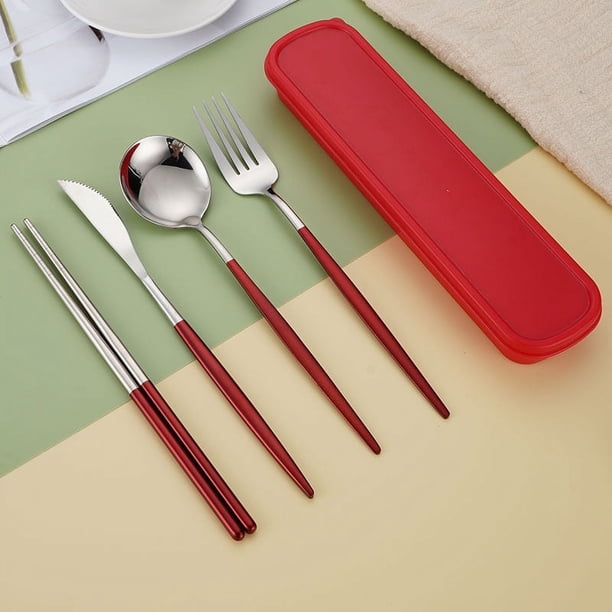 5pcs/set, Cutlery, Coffee Spoon, Salad Fork, Steak Knife, Milk Spoon, Salad Fork, Meal Knife, Portable Chopsticks, Washable Dessert Spoon, Stainless Steel Flatware With Storage Box, Tableware For Rest