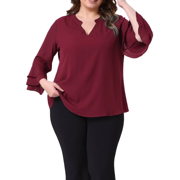 Agnes Orinda Blusas Elegantes de Talla Grande para Mujeres con Mangas de Campana 3/4, Doble Capa de Chifón, Camisas de Trabajo Túnica 4X Burdeos