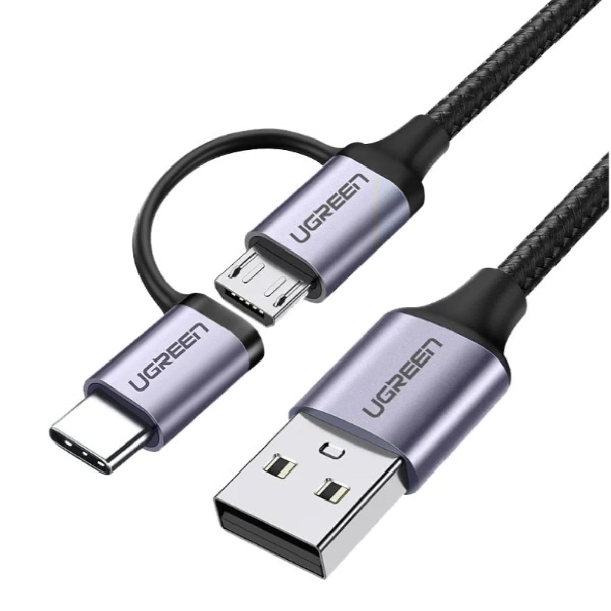 Ugreen Cable Usb 2.0 A A Micro Usb + Usb-c Trenzado 1m Negro