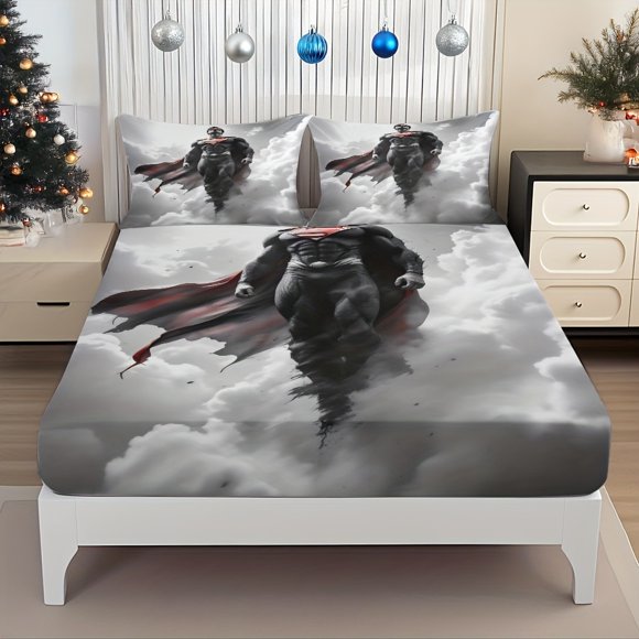 Fitted Sheet Set Body of Steel Standing Proudly in The Clouds Superhero Superman Guarding The World'S Justice And Hope Pattern Mattress Protector Elastic Design