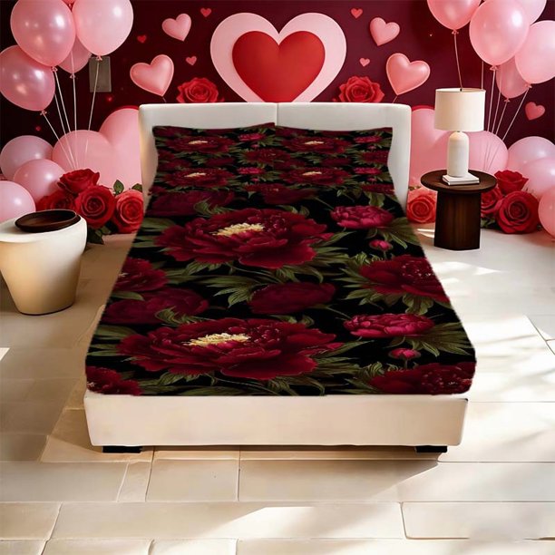 Red Flower and Green Leaf Artistic Design Printed Fitted Sheet Set Fitted Sheet and Pillowcase Set Soft and Comfortable Suitable for All Seasons Ideal for Home
