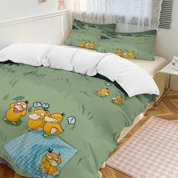 Psyduck Bed Duvet Cover Funny Anime Cartoon Bedding Sets Lightweight 3 Piece Comforter Sets