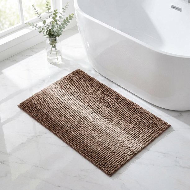 REGALWOVEN Alfombras de baño a rayas de colores contrastantes, alfombra de baño peluda antideslizante, alfombrillas de baño para el suelo del baño, bañera y ducha Café 20" x 32"