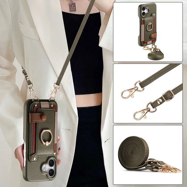 Funda de Cuero PU Verde Oliva para iPhone con Tarjetero, Anillo Soporte y Correa Cruzada Desmontable, Funda Protectora Antigolpes Multifuncional para Mujer