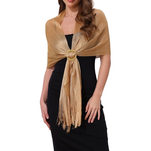 INSPIRE CHIC Chal Brillante Metálico para Mujer de Regreso a Clases con Hebilla Elegante con Flecos para Boda y Fiesta 74.8x17.7"(LxW) Oro Oscuro(Oro)