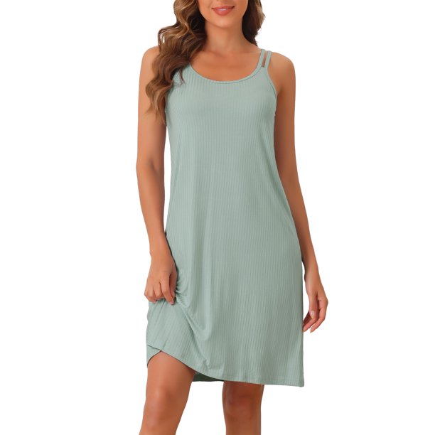 INSPIRE CHIC Vestido de Dormir de Modal Acanalado para Mujer con Doble Tirante Espagueti de Largo a la Rodilla para Descanso y Viaje XS Verde