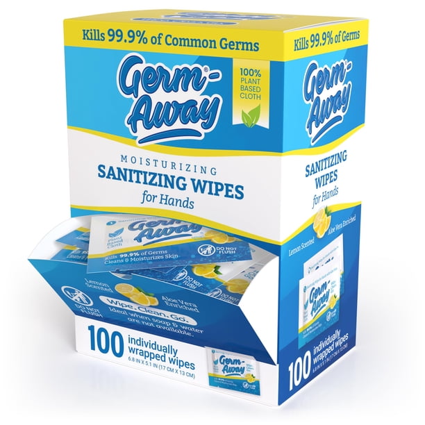 Toallitas desinfectantes para manos Germ-Away, grandes, 100 unidades, con aroma a aloe y limón
