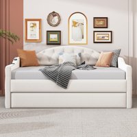 M&Ms - Twin Size Tufted Upholstered Daybed With Trundle ,Velvet Sofabed With Usb&Type-C Charging Ports,No Box-Spring Needed, Beige(Old Sku Hl000088Aaa)