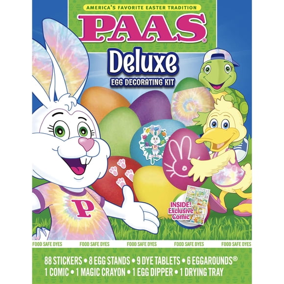 Kit Deluxe PAAS para decorar huevos de Pascua con 9 colores de tintes y calcomanías