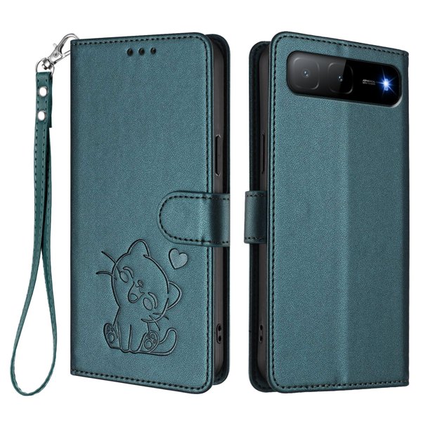 Funda Volteable con Diseño de Gato para Infinix Hot 60i 5G, Verde Oscuro