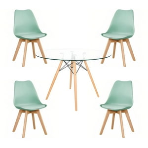 Klik Muebles - Comedor Mesa Eames Vidrio 100 Cm + 4 Sillas Tulip Menta