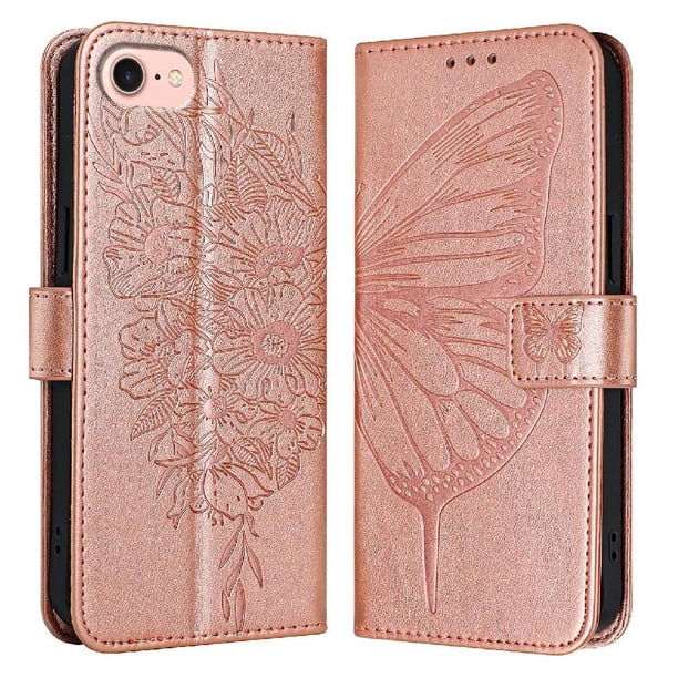 Funda cartera mariposa para iPhone 16e con soporte y ranuras para tarjetas Oro rosa